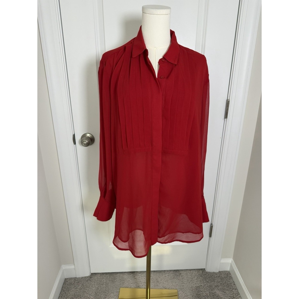 Chico's Women's Red Pleated Button Down Tunic Blouse Size 2.5/14 Office Chic